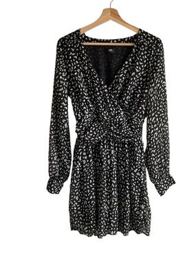 Seven Sisters Black Mini Wrap Dress with White Spot Print, L